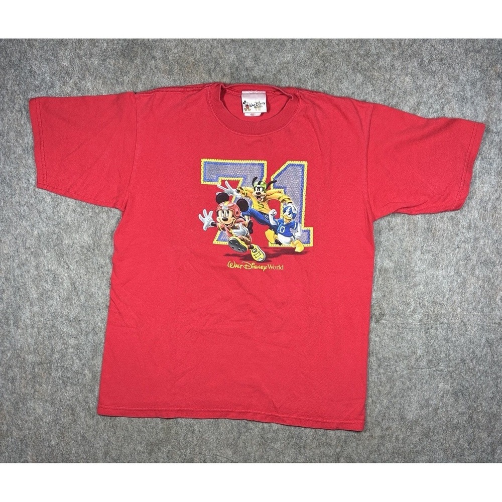 Vintage Walt Disney World 71 Football‎ T Shirt Youth XL Mickey Goofy Donald Red